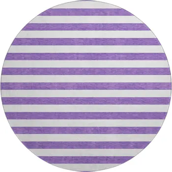 8' Purple And Ivory Striped Washable Round Rug With UV Protection