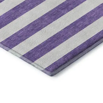 8' Purple And Ivory Striped Washable Round Rug With UV Protection