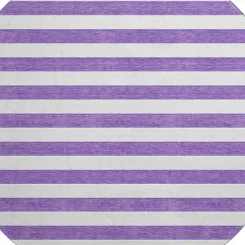 8' Purple And Ivory Striped Washable Round Rug With UV Protection