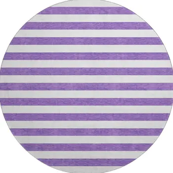 8' Purple And Ivory Striped Washable Round Rug With UV Protection