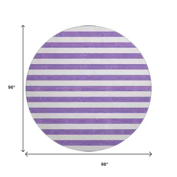 8' Purple And Ivory Striped Washable Round Rug With UV Protection