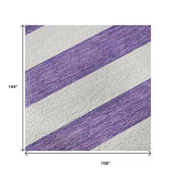 9' X 12' Purple And Ivory Striped Washable Area Rug With UV Protection