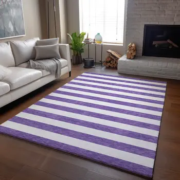 10' X 14' Purple And Ivory Striped Washable Area Rug With UV Protection