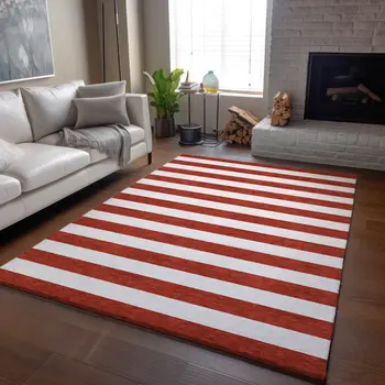 3' X 5' Red And Ivory Striped Washable Area Rug With UV Protection