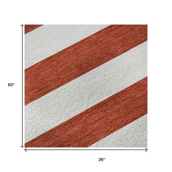 3' X 5' Red And Ivory Striped Washable Area Rug With UV Protection