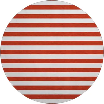 8' Red And Ivory Striped Washable Round Rug With UV Protection