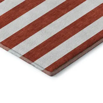 8' Red And Ivory Striped Washable Round Rug With UV Protection