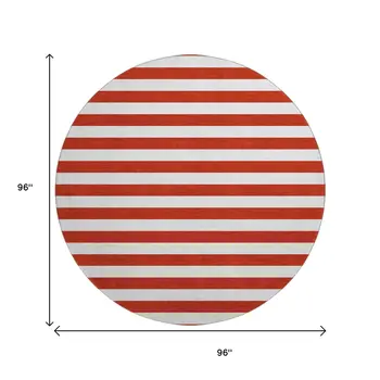 8' Red And Ivory Striped Washable Round Rug With UV Protection