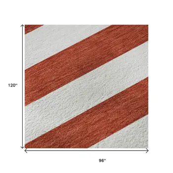 8' X 10' Red And Ivory Striped Washable Area Rug With UV Protection