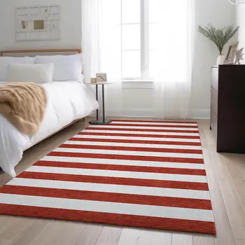 10' X 14' Red And Ivory Striped Washable Area Rug With UV Protection