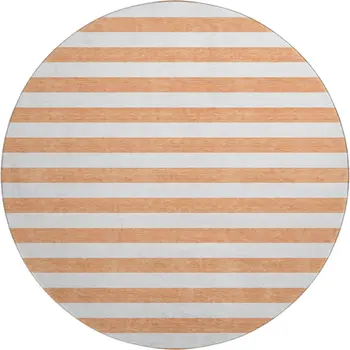 8' Salmon And Ivory Striped Washable Round Rug With UV Protection