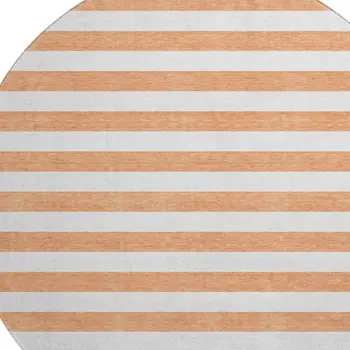8' Salmon And Ivory Striped Washable Round Rug With UV Protection