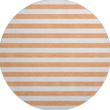 8' Salmon And Ivory Striped Washable Round Rug With UV Protection