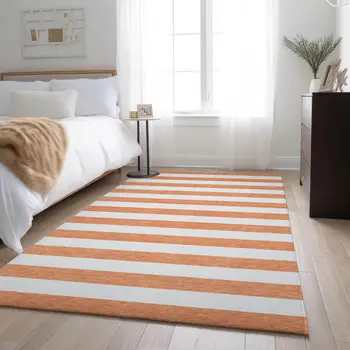 8' X 10' Salmon And Ivory Striped Washable Area Rug With UV Protection
