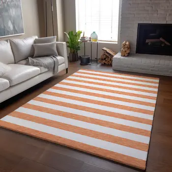 8' X 10' Salmon And Ivory Striped Washable Area Rug With UV Protection