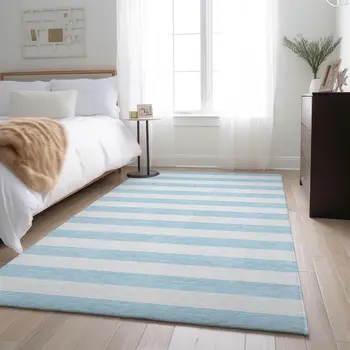 3' X 5' Sky Blue And Ivory Striped Washable Area Rug With UV Protection