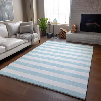 3' X 5' Sky Blue And Ivory Striped Washable Area Rug With UV Protection