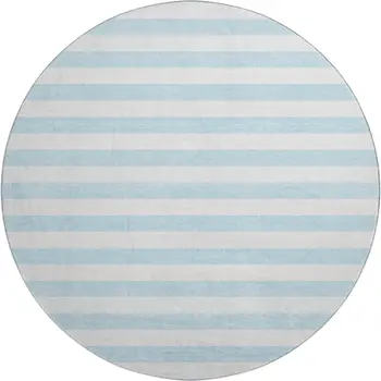 8' Sky Blue And Ivory Striped Washable Round Rug With UV Protection