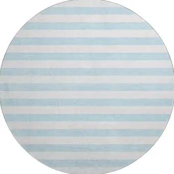 8' Sky Blue And Ivory Striped Washable Round Rug With UV Protection