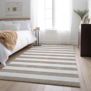 3' X 5' Taupe And Ivory Striped Washable Area Rug With UV Protection