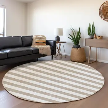 8' Taupe And Ivory Striped Washable Round Rug With UV Protection