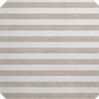 8' Taupe And Ivory Striped Washable Round Rug With UV Protection