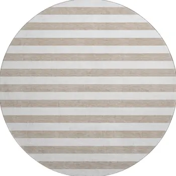 8' Taupe And Ivory Striped Washable Round Rug With UV Protection