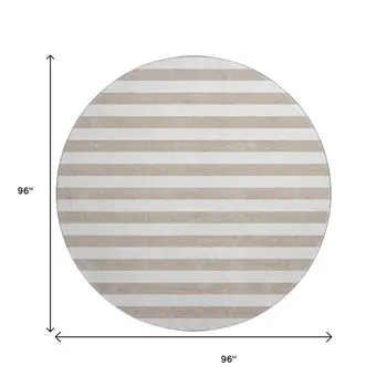 8' Taupe And Ivory Striped Washable Round Rug With UV Protection
