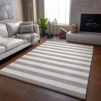 10' X 14' Taupe And Ivory Striped Washable Area Rug With UV Protection