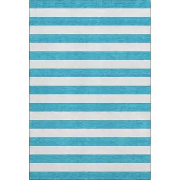 3' X 5' Teal And Ivory Striped Washable Area Rug With UV Protection