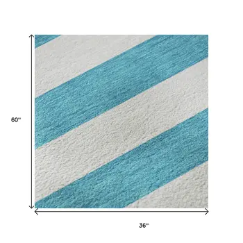 3' X 5' Teal And Ivory Striped Washable Area Rug With UV Protection
