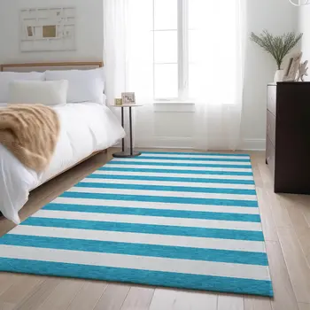 5' X 8' Teal And Ivory Striped Washable Area Rug With UV Protection