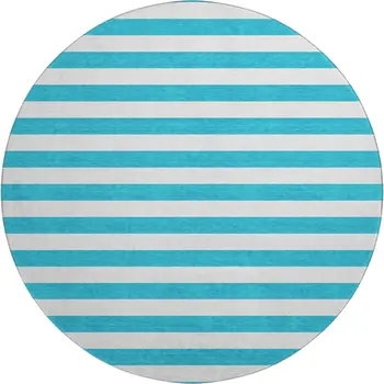 8' Teal And Ivory Striped Washable Round Rug With UV Protection
