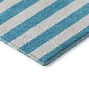 8' Teal And Ivory Striped Washable Round Rug With UV Protection