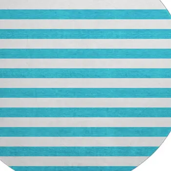 8' Teal And Ivory Striped Washable Round Rug With UV Protection