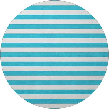 8' Teal And Ivory Striped Washable Round Rug With UV Protection