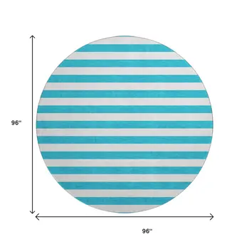 8' Teal And Ivory Striped Washable Round Rug With UV Protection