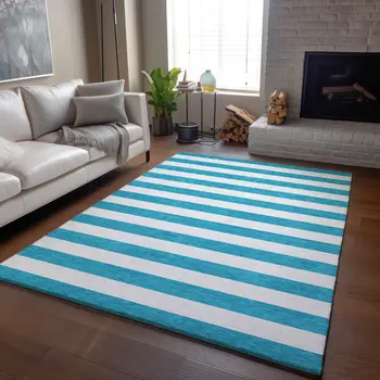 8' X 10' Teal And Ivory Striped Washable Area Rug With UV Protection