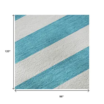 8' X 10' Teal And Ivory Striped Washable Area Rug With UV Protection
