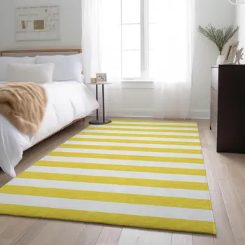 3' X 5' Yellow And Ivory Striped Washable Area Rug With UV Protection