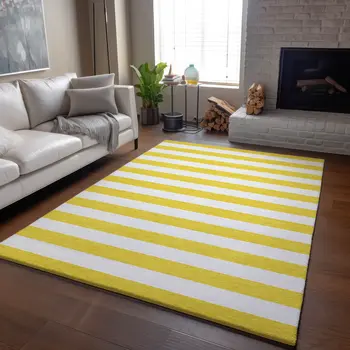 3' X 5' Yellow And Ivory Striped Washable Area Rug With UV Protection