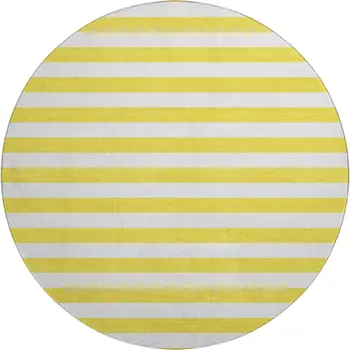 8' Yellow And Ivory Striped Washable Round Rug With UV Protection