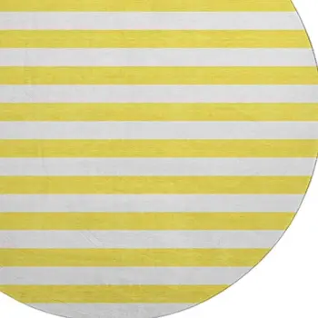 8' Yellow And Ivory Striped Washable Round Rug With UV Protection