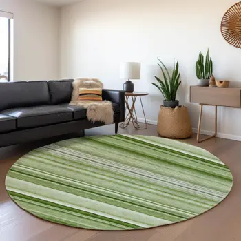 8' Fern Green And Ivory Striped Washable Round Rug With UV Protection