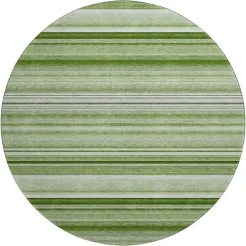 8' Fern Green And Ivory Striped Washable Round Rug With UV Protection