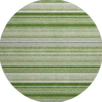 8' Fern Green And Ivory Striped Washable Round Rug With UV Protection