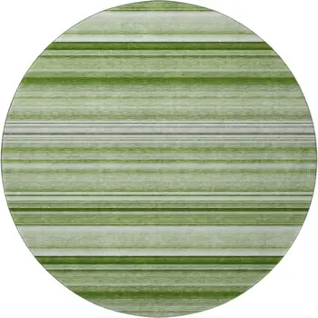 8' Fern Green And Ivory Striped Washable Round Rug With UV Protection