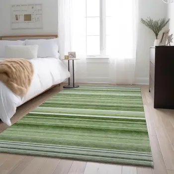 8' X 10' Fern Green And Ivory Striped Washable Area Rug With UV Protection