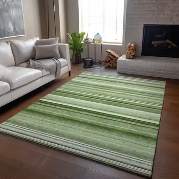 8' X 10' Fern Green And Ivory Striped Washable Area Rug With UV Protection