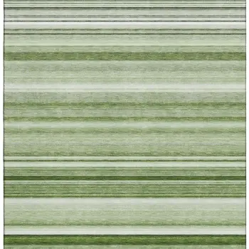 9' X 12' Fern Green And Ivory Striped Washable Area Rug With UV Protection